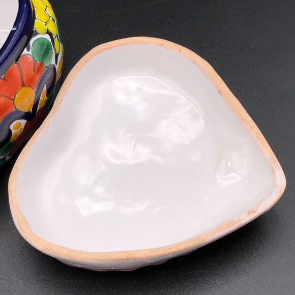 Puebla Mexico Signed Pottery Lidded Dish Handmade Trinket Jewelry Heart Flowers - Picture 6 of 10